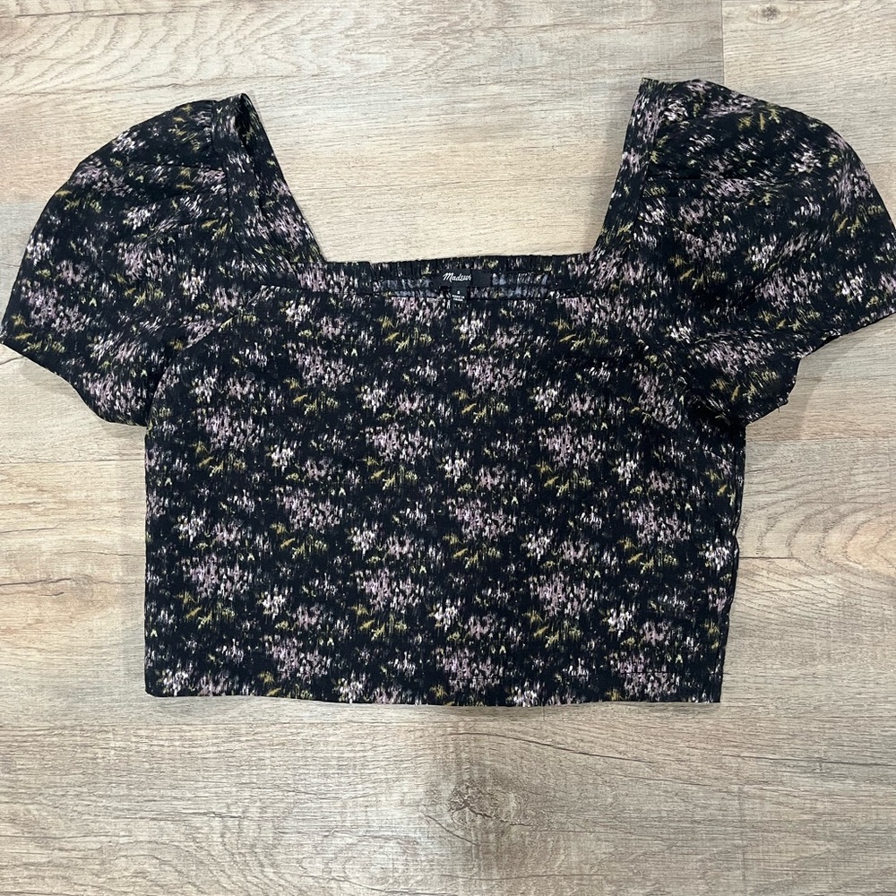 Madewell Black Gemma Floral Crop Top Cap sleeve